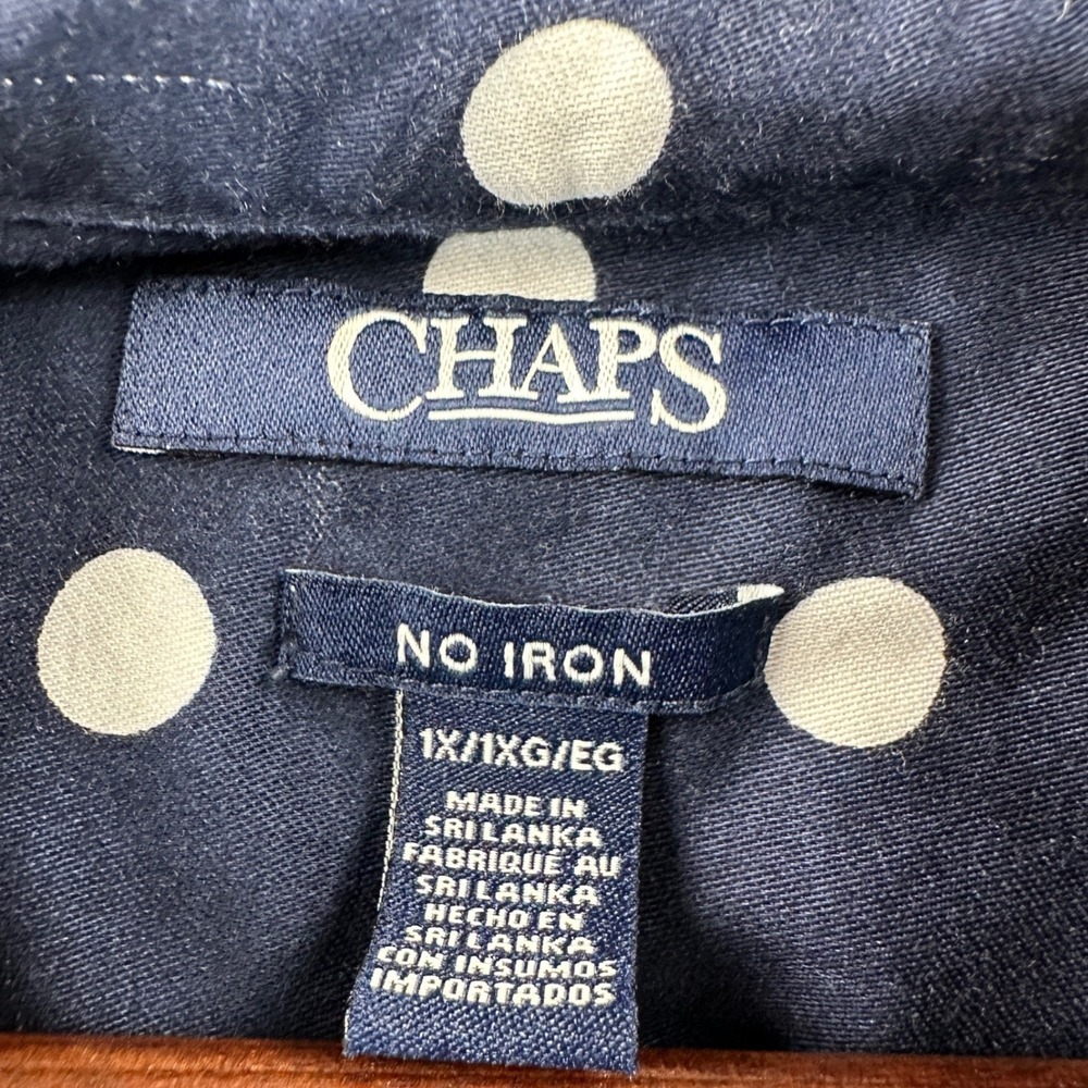 Chaps by Ralph Lauren Polka Dot Top 3/4 Sleeves No Iron Blouse Preppy Navy Sz 1X - Picture 4 of 8